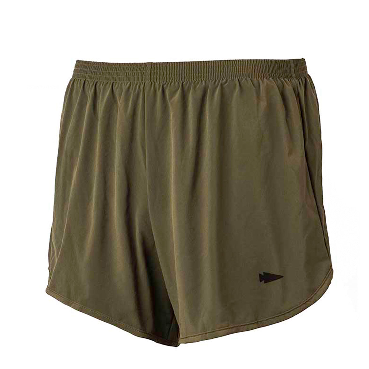 A pair of Men’s Ranger Panties in olive green from GORUCK, crafted with ToughStretch fabric. These shorts feature an elastic waistband and a subtle black arrow logo on the left leg. Lightweight and ideal for running or casual activities, they come with the peace of mind provided by a Scars Lifetime Guarantee.