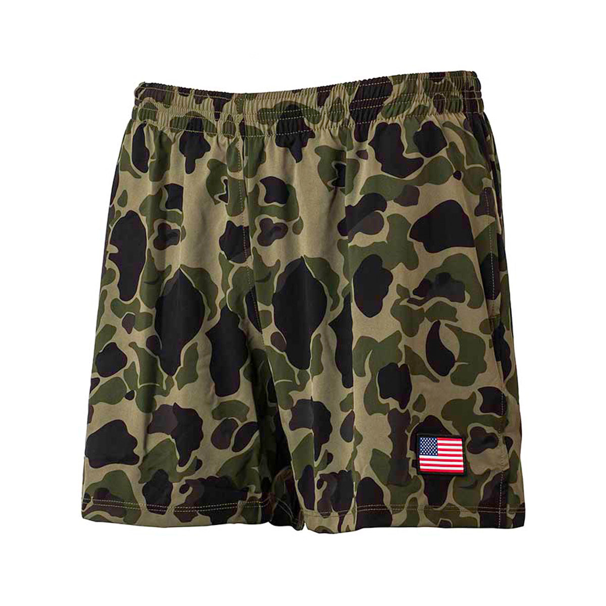 The GORUCK Men's USA Training Shorts - ToughStretch feature a camouflage pattern in shades of green, black, and brown. They come with an elastic waistband and include a small patch of the American flag at the bottom.