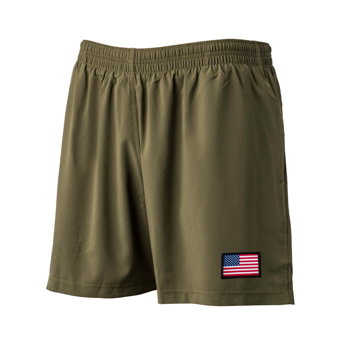 The Men’s USA Training Shorts by GORUCK, crafted with ToughStretch fabric for optimal movement, are olive green athletic shorts featuring an elastic waistband and a small American flag patch on the lower left side. Designed for function and durability, these shorts provide effortless comfort.