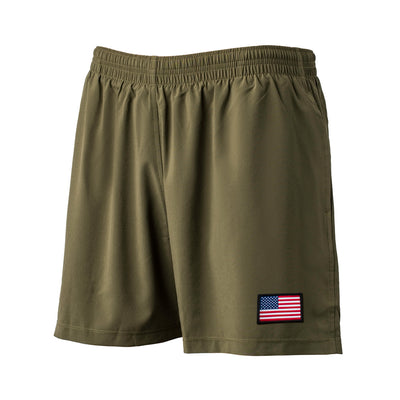 The Men’s USA Training Shorts by GORUCK, crafted with ToughStretch fabric for optimal movement, are olive green athletic shorts featuring an elastic waistband and a small American flag patch on the lower left side. Designed for function and durability, these shorts provide effortless comfort.