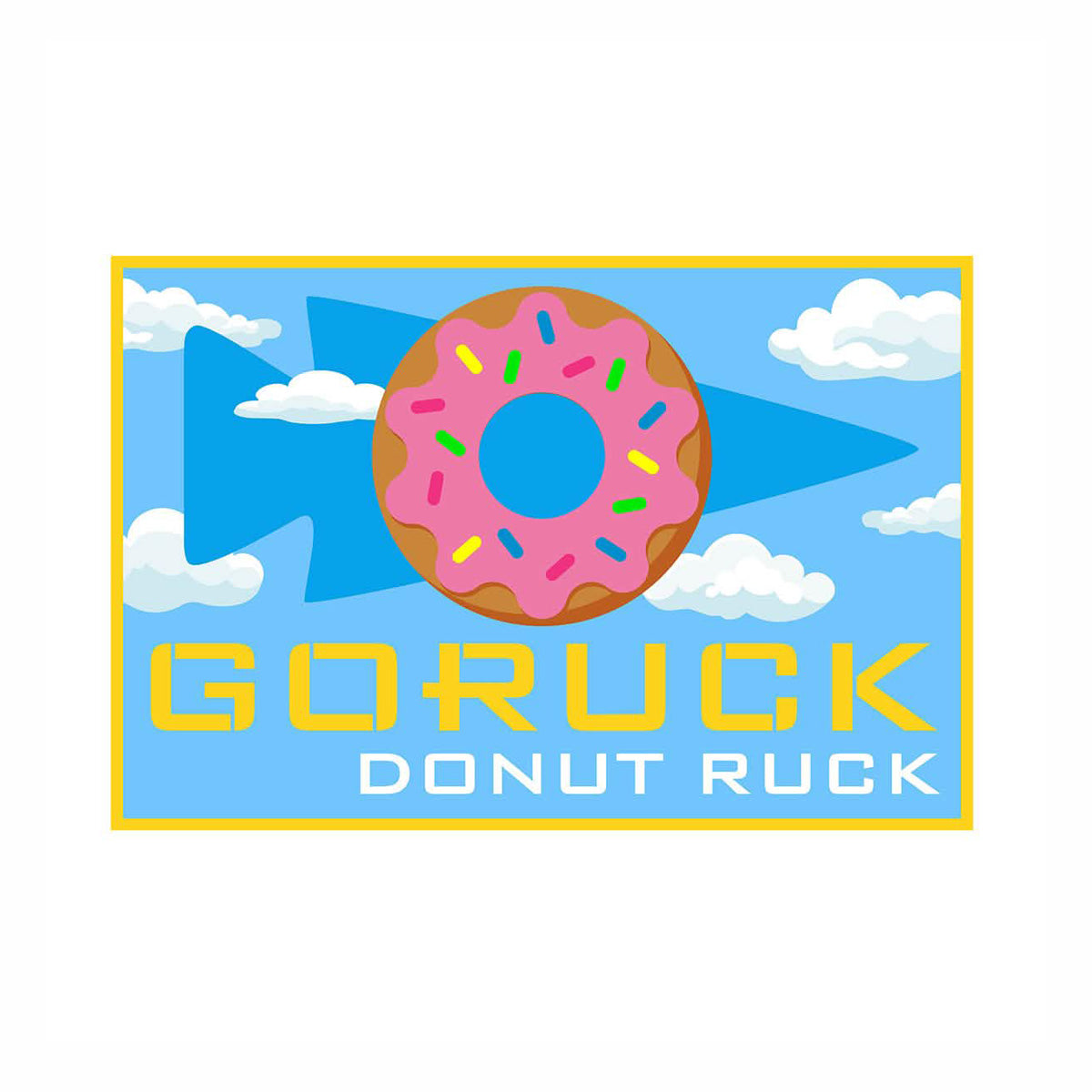 The Patch - Donut Ruck logo features a pink sprinkled donut with blue arrows against a sky background, making it perfect for your next sugar rush.