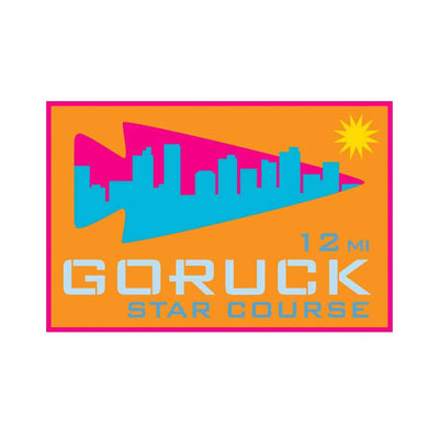 Cityscape silhouette logo with "GORUCK STAR COURSE 12MI" text on an orange and pink sunlit background, embodies the Endless Summer Star Course spirit. Product: Patch - Endless Summer.