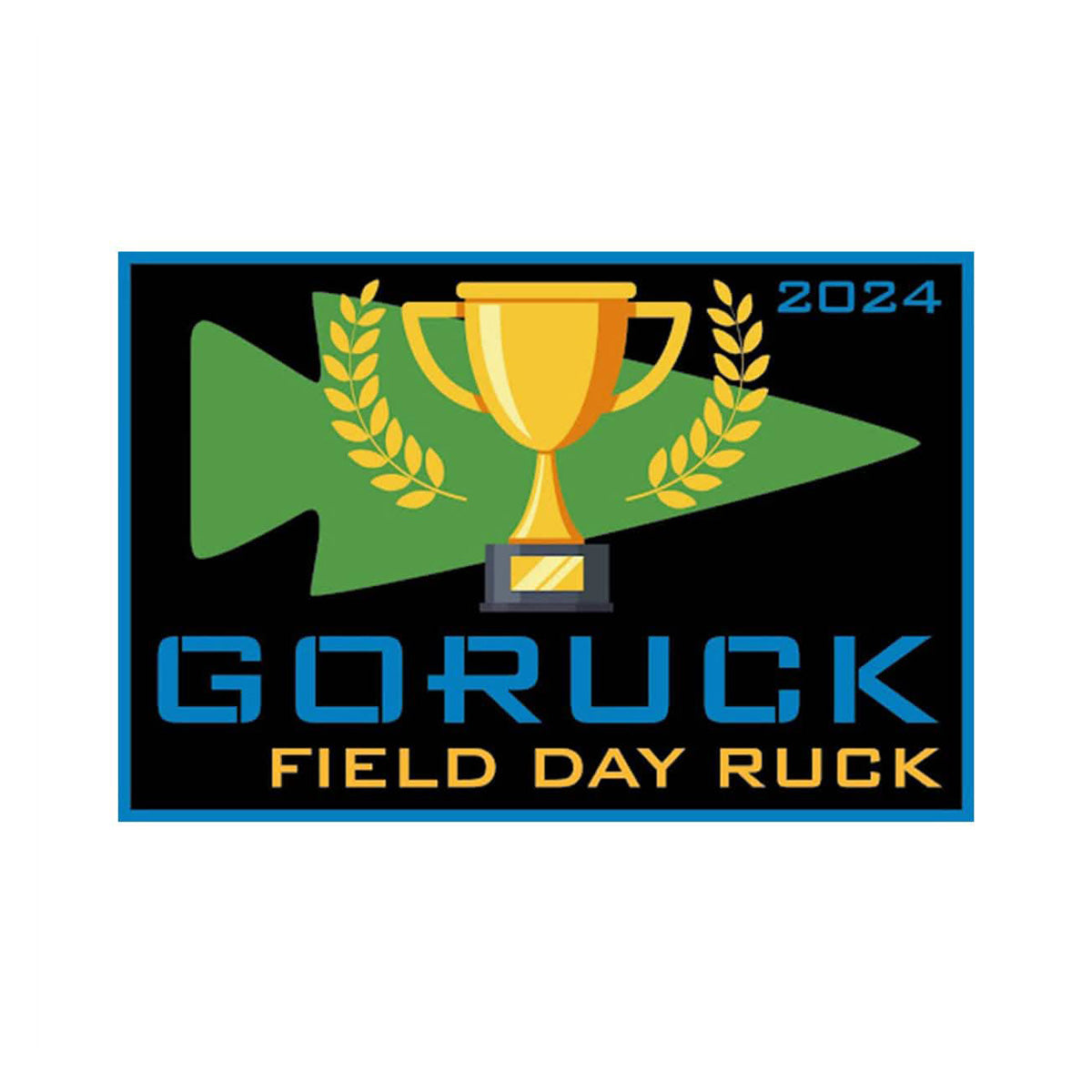 A gold trophy with laurel leaves stands against a black and green backdrop for "Patch - Field Day Ruck 2024," celebrating team competition through thrilling track and field events.