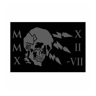 Skull adorned with arrows and the Roman numerals MMX, X, II, VII on a black backdrop; an ideal choice for enthusiasts of the "Patch - GORUCK TRIBE - 2022.