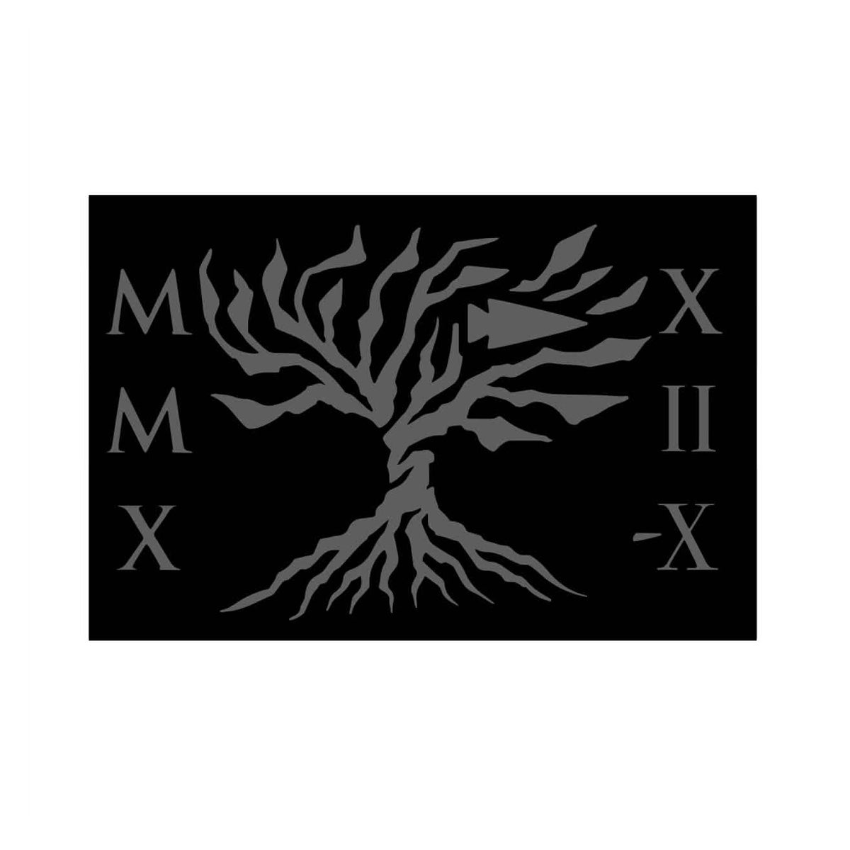 A gray tree with roots on a black background is encircled by Roman numerals MMXXI and MMXXII, symbolizing the enduring spirit of GORUCK Tribe's 2022 Patch.