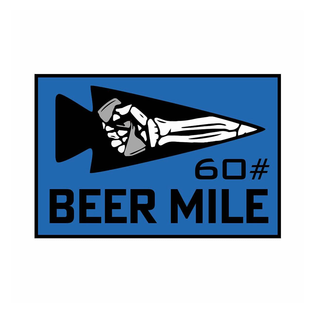 The "HEAVY MILE" patch features a blue and black logo with a skeleton hand gripping a beer mug, an arrow shape, and the text "60 BEER MILE," embodying the spirit of endurance and refreshment.