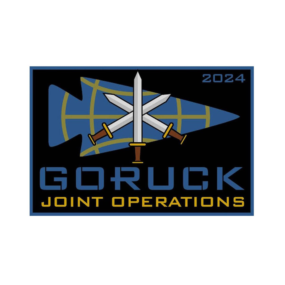 Logo featuring three swords on a blue arrowhead to reflect Special Forces heritage, with the text "GORUCK Joint Operations 2024" for the Patch - Joint Operations Ruck.