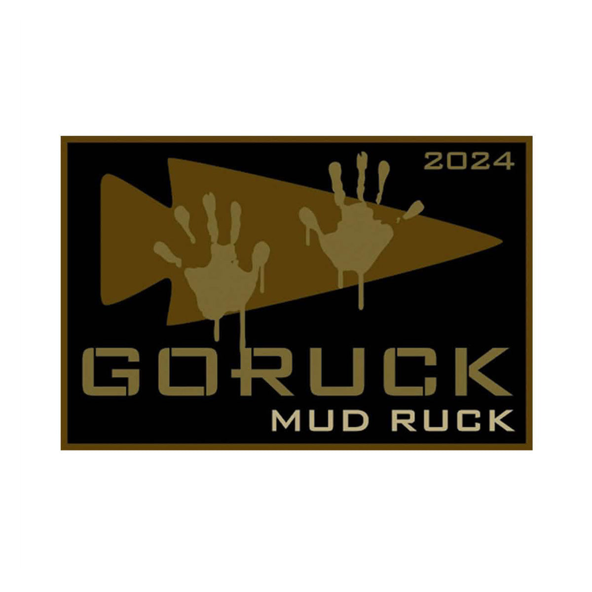 The Patch - Mud Ruck 2024 logo showcases mud handprints resembling a predator's mark on a black backdrop, alluding to the primal challenge ahead.