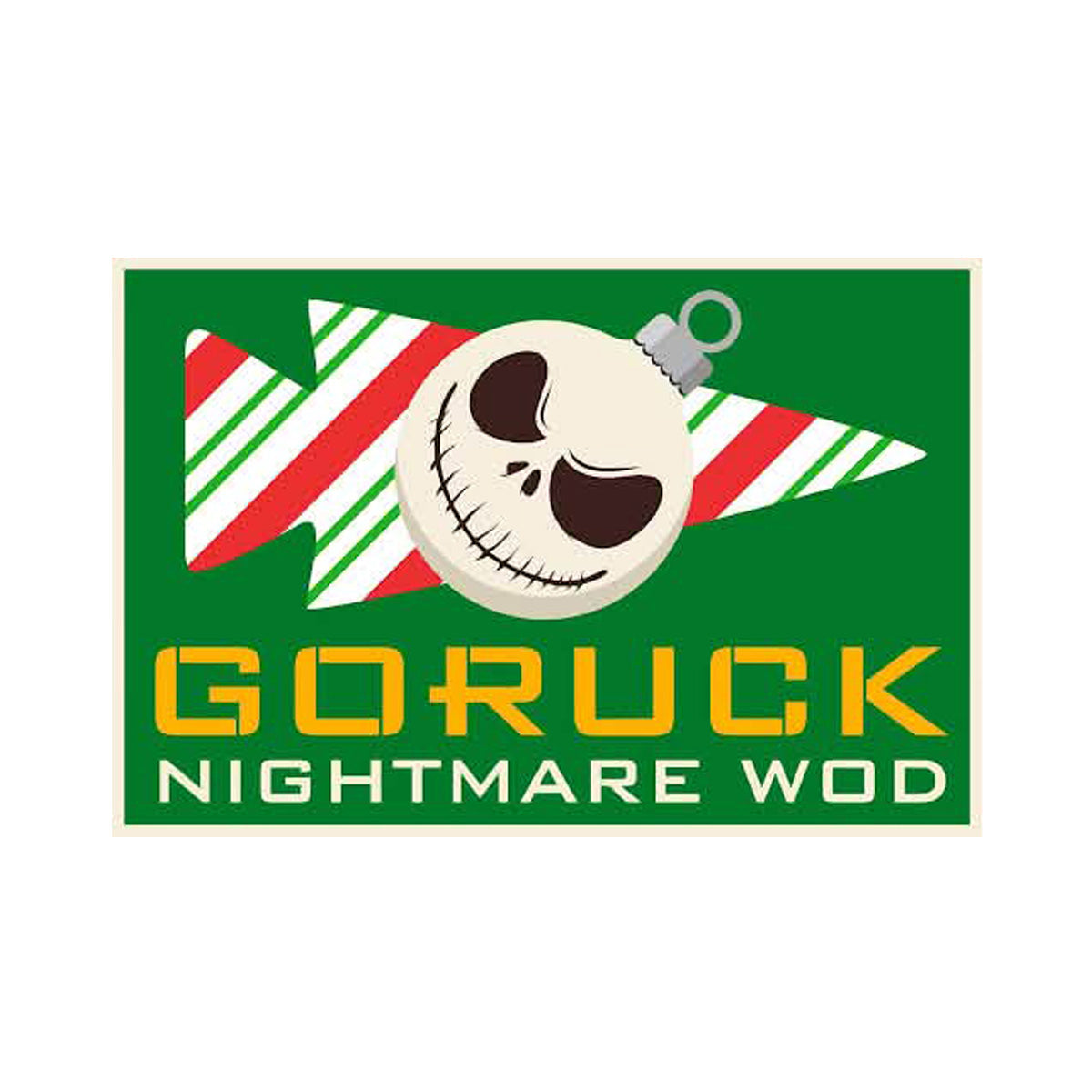 The Patch - Nightmare WOD features a Halloween-style logo with a Jack Skellington-like face in green and red, accompanied by the bold text: "GORUCK Nightmare WOD.