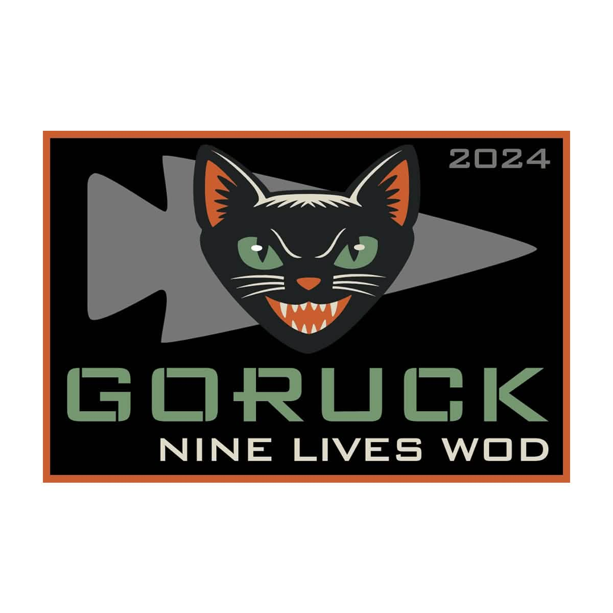 A logo displays a stylized black cat's face with an Edgar Allen Poe-like mystique—featuring green eyes, triangular ears, and an open mouth. Below it reads "GORUCK Patch - Nine Lives Ruck." The background is accented by a striking arrow-like shape.