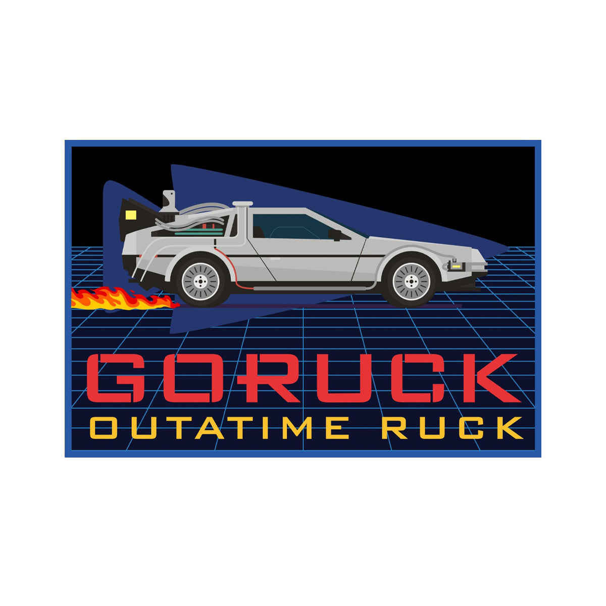 A retro car with flames on a grid background features the text "GORUCK OUTATIME RUCK" in bold red and yellow, capturing the dynamic vintage spirit of a classic adventure in this Patch - Outatime Ruck design.