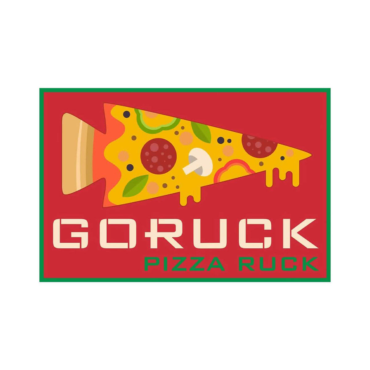 A slice of pizza with delicious toppings sits above the text "Patch - Pizza Ruck" on a vibrant red background, evoking a food-themed challenge inspired by your favorite local pizzeria.