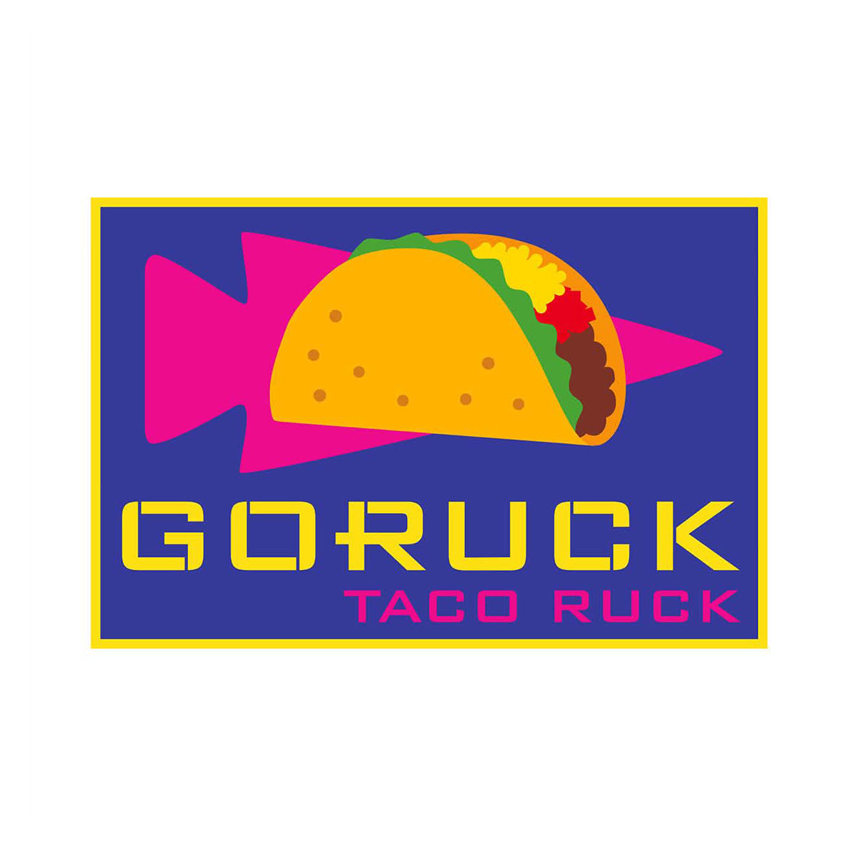 Featuring a vivid taco graphic and bold "TACO RUCK" text, the Patch - Taco Ruck design is set against a blue background, echoing a festive Cinco de Mayo theme.