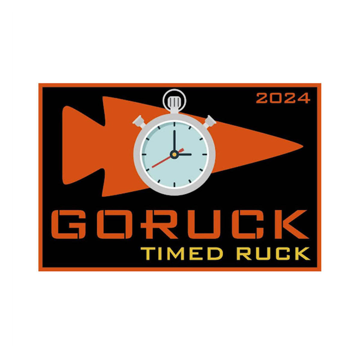 The Patch - Timed Ruck 2024 features a logo with a stopwatch and an orange arrow on a black background, representing the challenging 12 Mile Timed Ruck event.