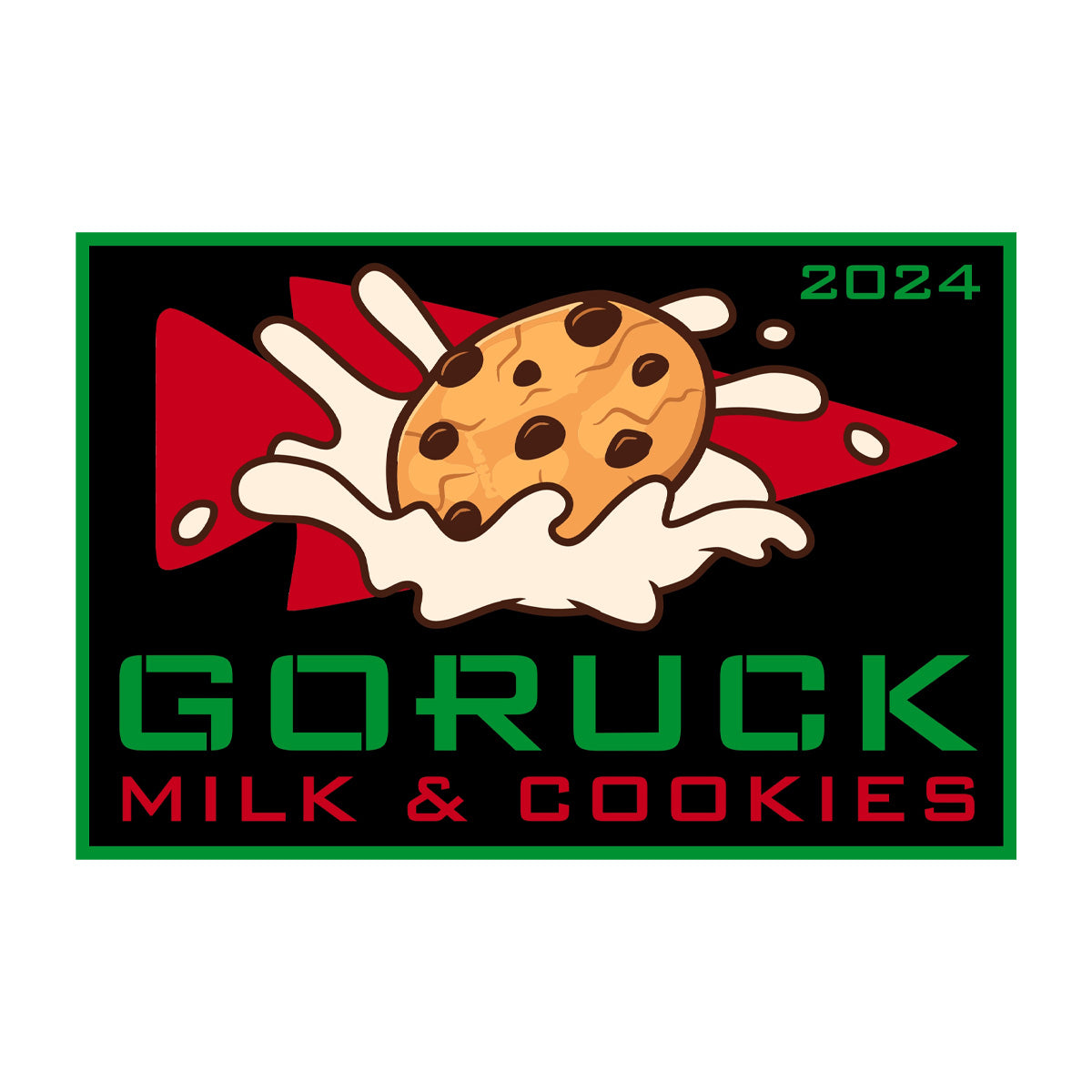 Illustrated logo: a cookie splashing into milk with "GORUCK Patch - Milk & Cookies" text in festive green and red, capturing the essence of holiday cheer and community involvement.