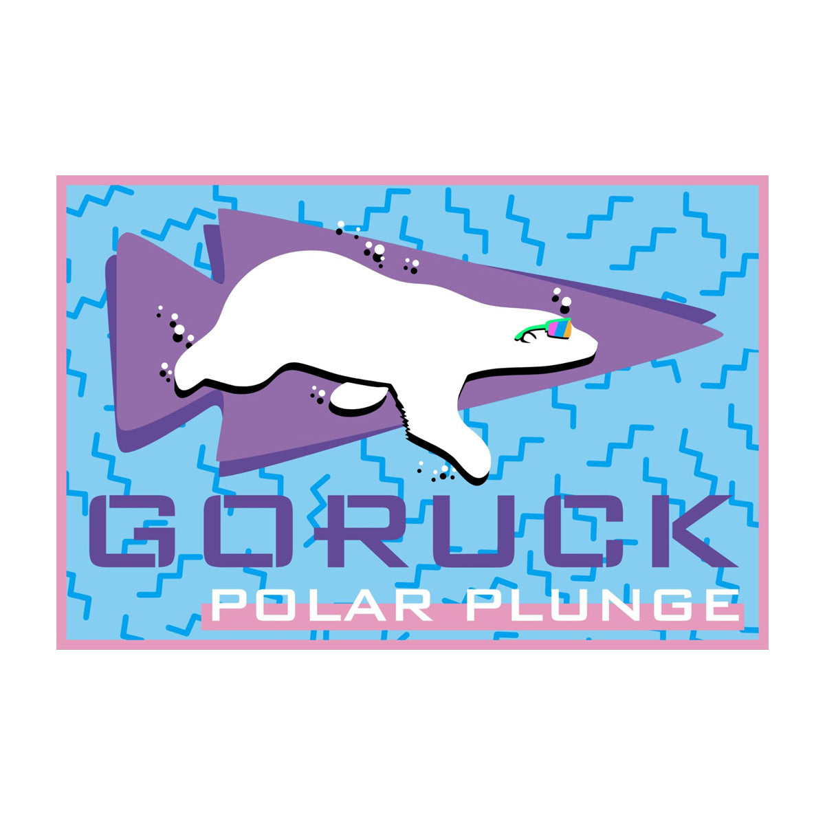 Illustration of a swimming polar bear on blue with "GORUCK POLAR PLUNGE," capturing cold water immersion spirit. Product: Patch - Polar Plunge.