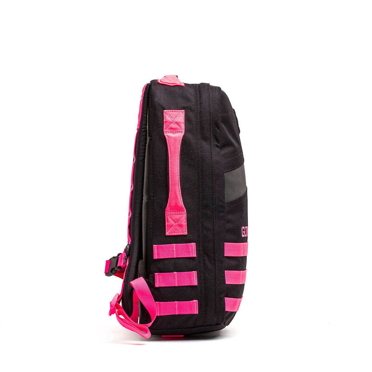 Black and pink Rucker 4.0 backpack with vertical straps and a pink handle, side view—ideal for your rucking adventures.