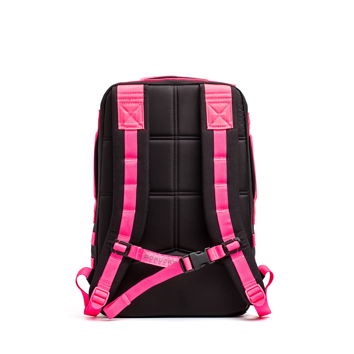 The Rucker 4.0 is a black rucksack featuring bright pink straps and a quilted back panel, shown from the rear view—ideal for rucking enthusiasts who value style and comfort.