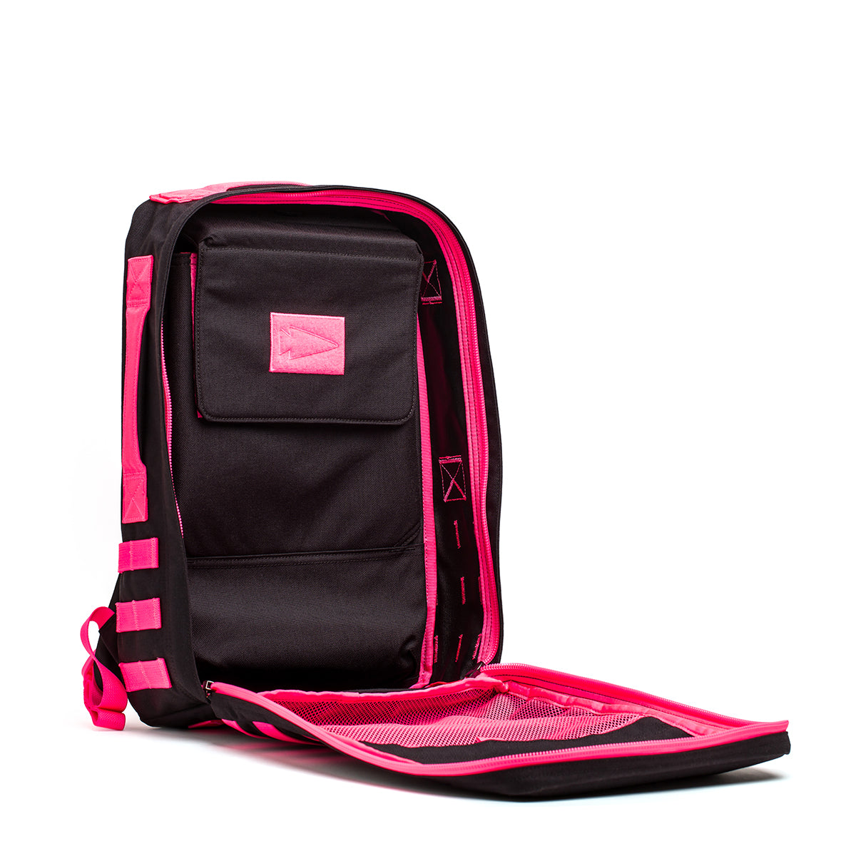 The Rucker 4.0 is an open black rucksack, featuring bright pink edges and an interior pocket, ideal for rucking adventures.