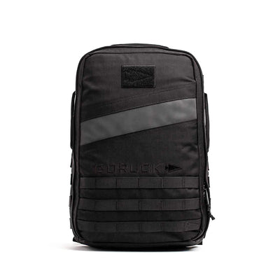 The Rucker 4.0 black tactical backpack includes MOLLE webbing and a reflective diagonal stripe, making it ideal for rucking.