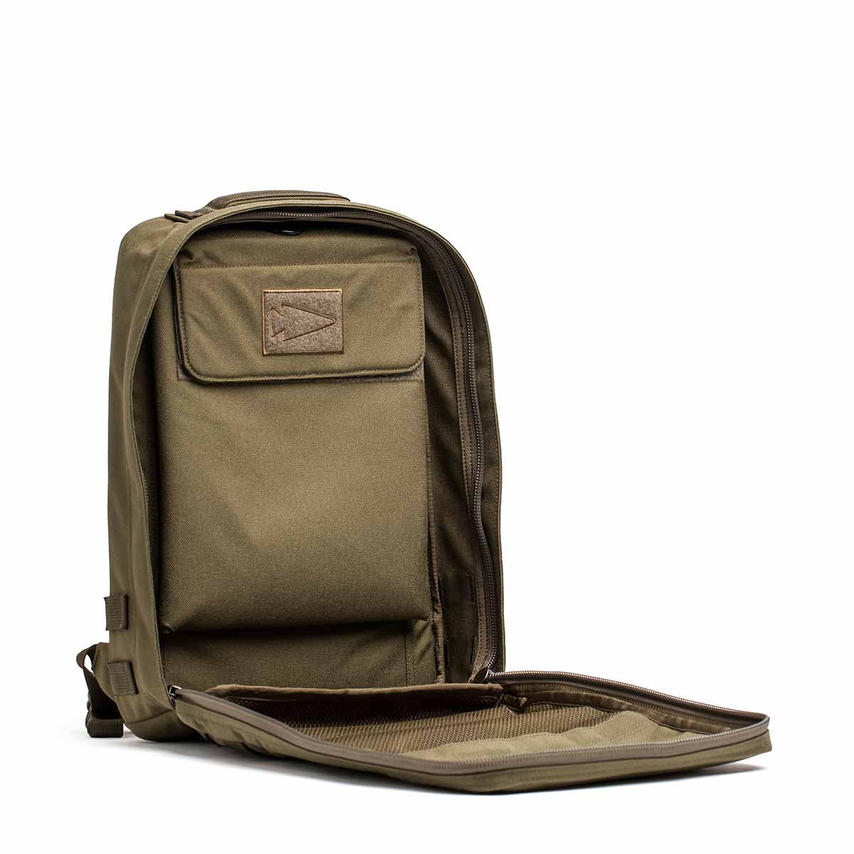 The Rucker 4.0 is an olive green rucksack with zippered compartments and a front square patch, ideal for rucking adventures.