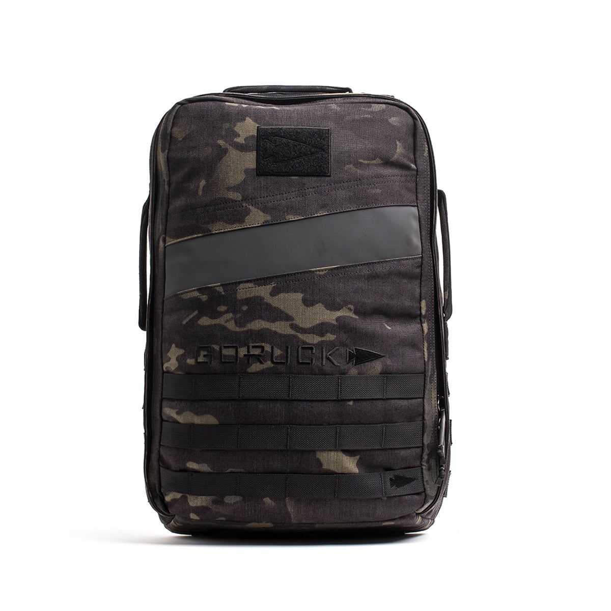 The Rucker 4.0 is a black camo backpack with MOLLE webbing, perfect for rucking adventures. Its rugged, rectangular shape fits a Ruck Plate® seamlessly.