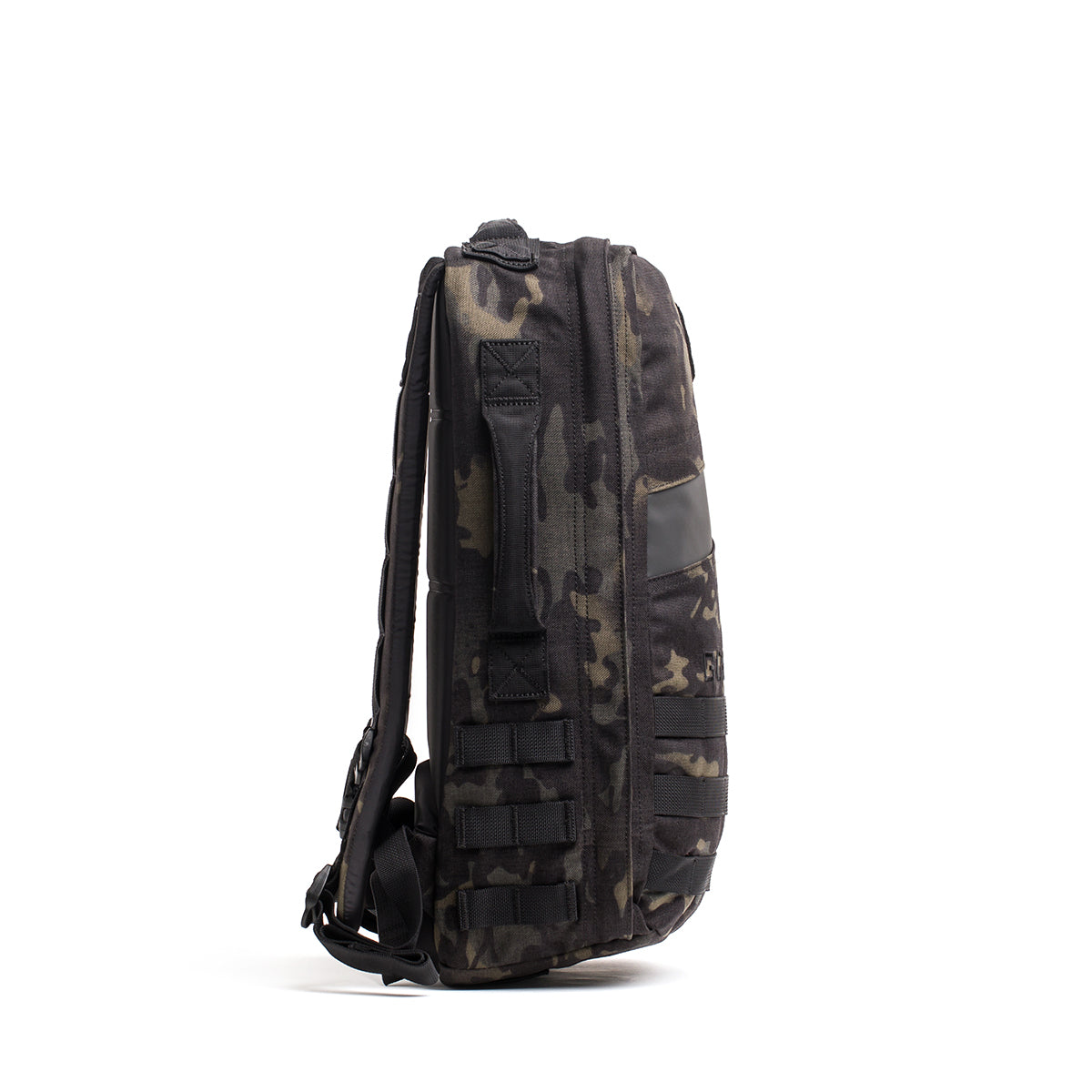 The Rucker 4.0, featuring a camouflage pattern and padded straps, is ideal for rucking adventures against a white backdrop.