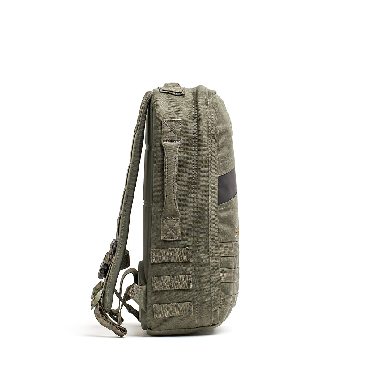 Side view of the green Rucker 4.0 tactical backpack featuring multiple straps and pockets against a white background, ideal for rucking enthusiasts.