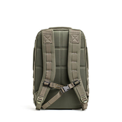 The Rucker 4.0 in olive green is a backpack designed for rucking, featuring padded straps and a chest buckle, shown from the back.