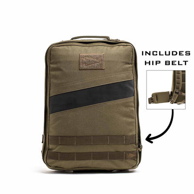 Explore the Rucker 4.0 in olive green with a black diagonal stripe, designed for rucking adventures. It features a detachable hip belt and pairs seamlessly with any Ruck Plate® to elevate your experience.