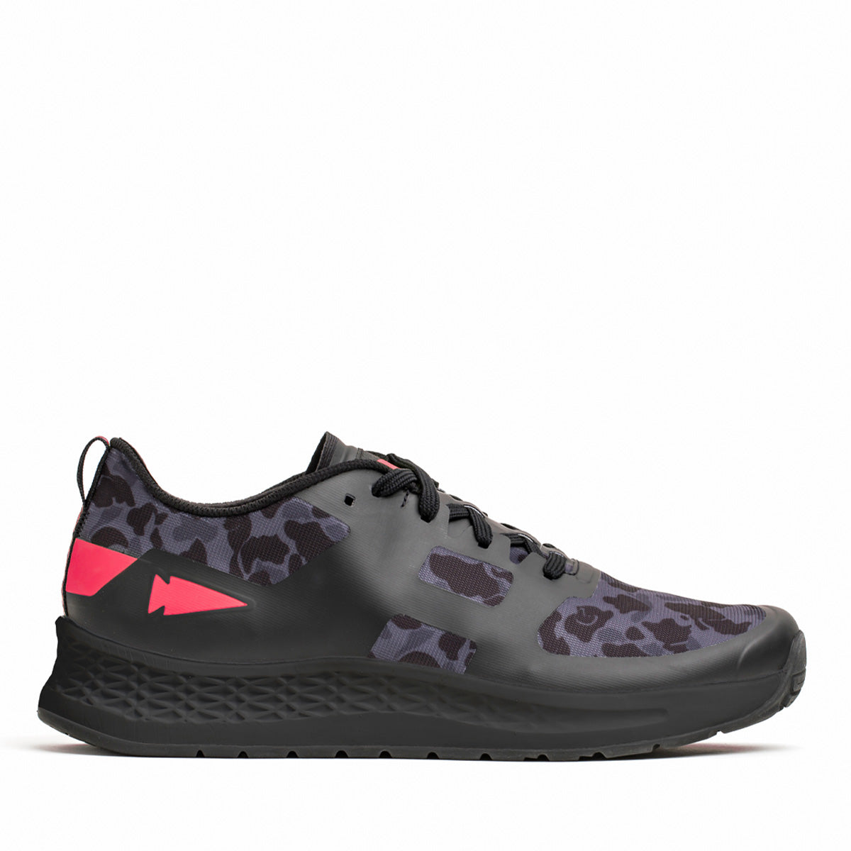 The Women's Rough Runner - Midnight Frogskin + High Risk Red by GORUCK is a black athletic shoe showcasing a dark leopard print pattern with pink accents on the sides and heel. It includes black laces, a textured sole, and an EVA midsole designed for superior comfort.