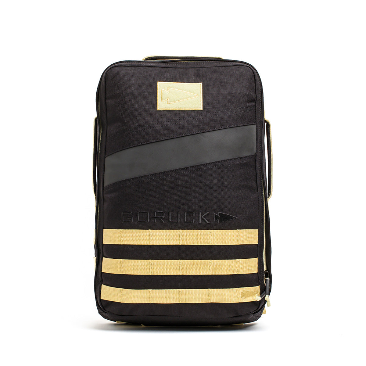 Black Rucker 4.0 rucksack with tan horizontal stripes, featuring a front pocket, side handle, and a Rucker® logo.