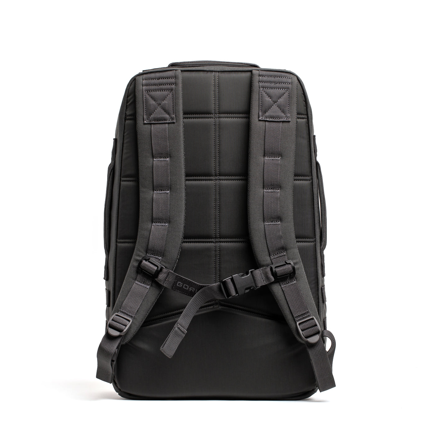 The Rucker 4.0 by GORUCK is a black rucksack featuring adjustable padded shoulder straps and a chest strap, crafted for ergonomic carrying. Its back panel boasts a quilted pattern, ensuring comfort and ventilation. An additional side handle is available for more carrying options, making it ideal for rucking adventures.