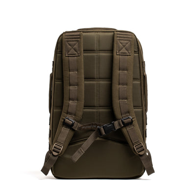 The Rucker 4.0 backpack by GORUCK is displayed from the back, highlighting its olive green color, padded straps, chest buckle, and a quilted design on the back panel. Perfect for those who love rucking adventures.