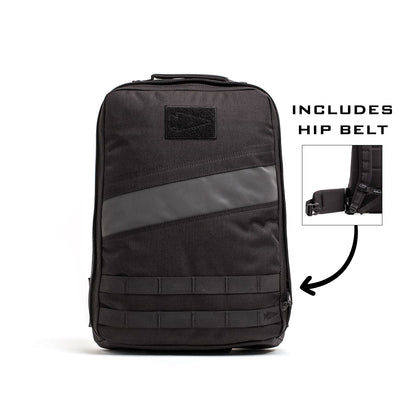 The inset image shows a black Rucker 4.0 tactical backpack with a diagonal stripe, multiple pockets, and a detachable hip belt. Ideal for rucking adventures, this versatile design blends style with functionality.