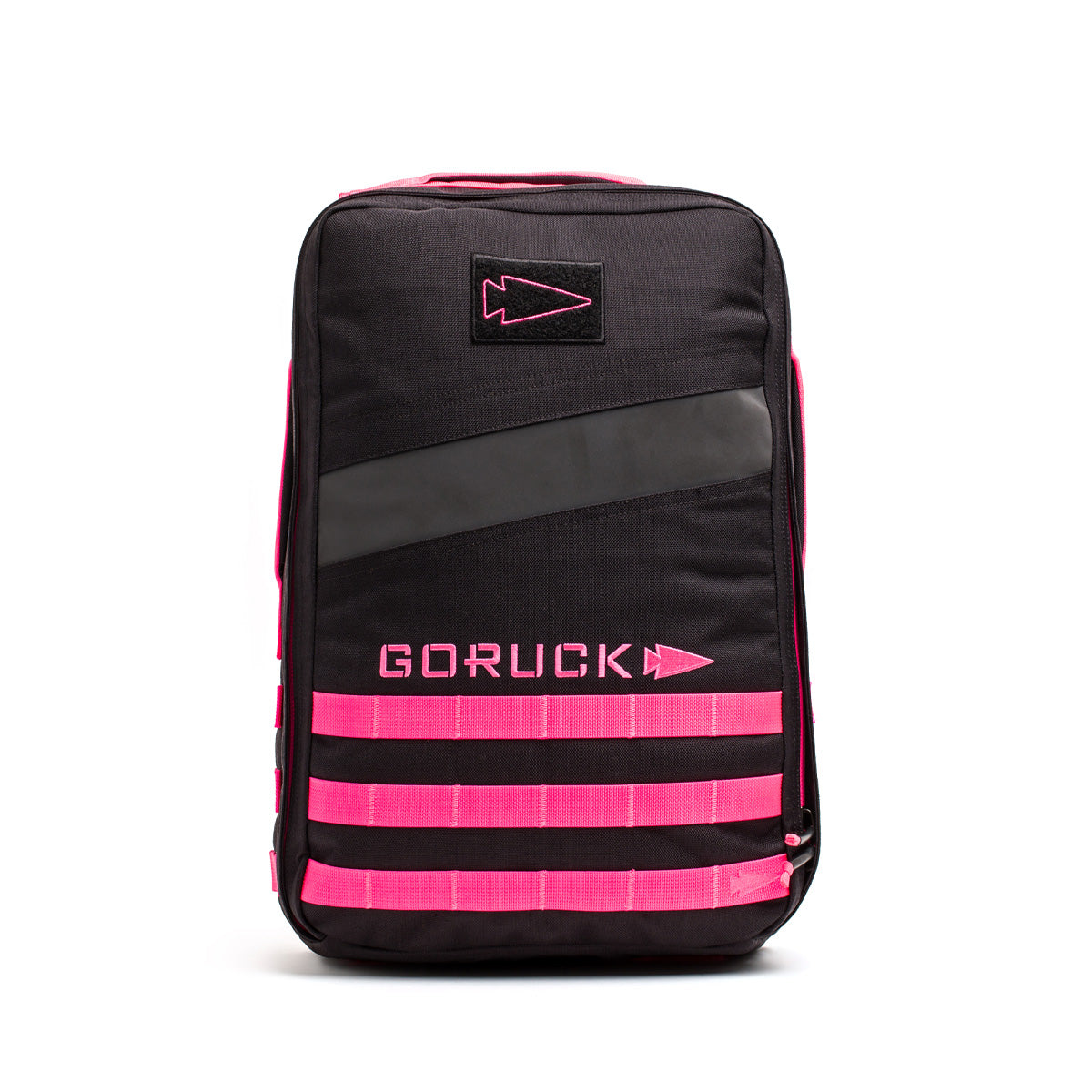 The Rucker 4.0 is a black rucksack with pink accents, adorned with a "GORUCK" logo and horizontal front straps, ideal for rucking adventures.