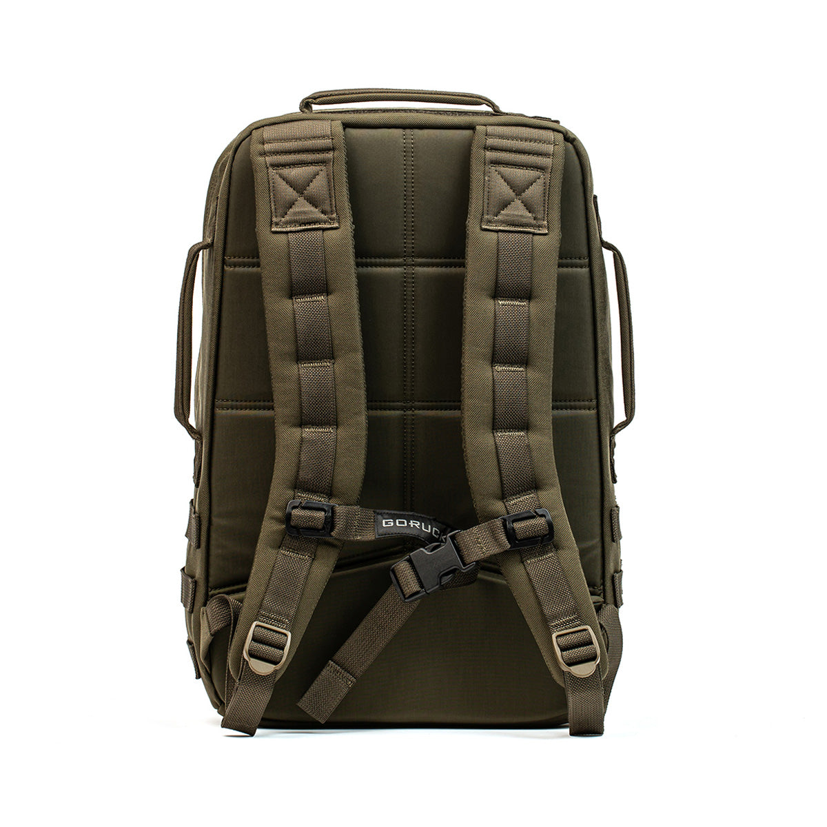 The Rucker 4.0 by GORUCK is displayed from the back, showcasing its green tactical design with multiple straps and handles. It includes padded shoulder straps, a chest strap for support, and a rugged, durable build ideal for rucking adventures.