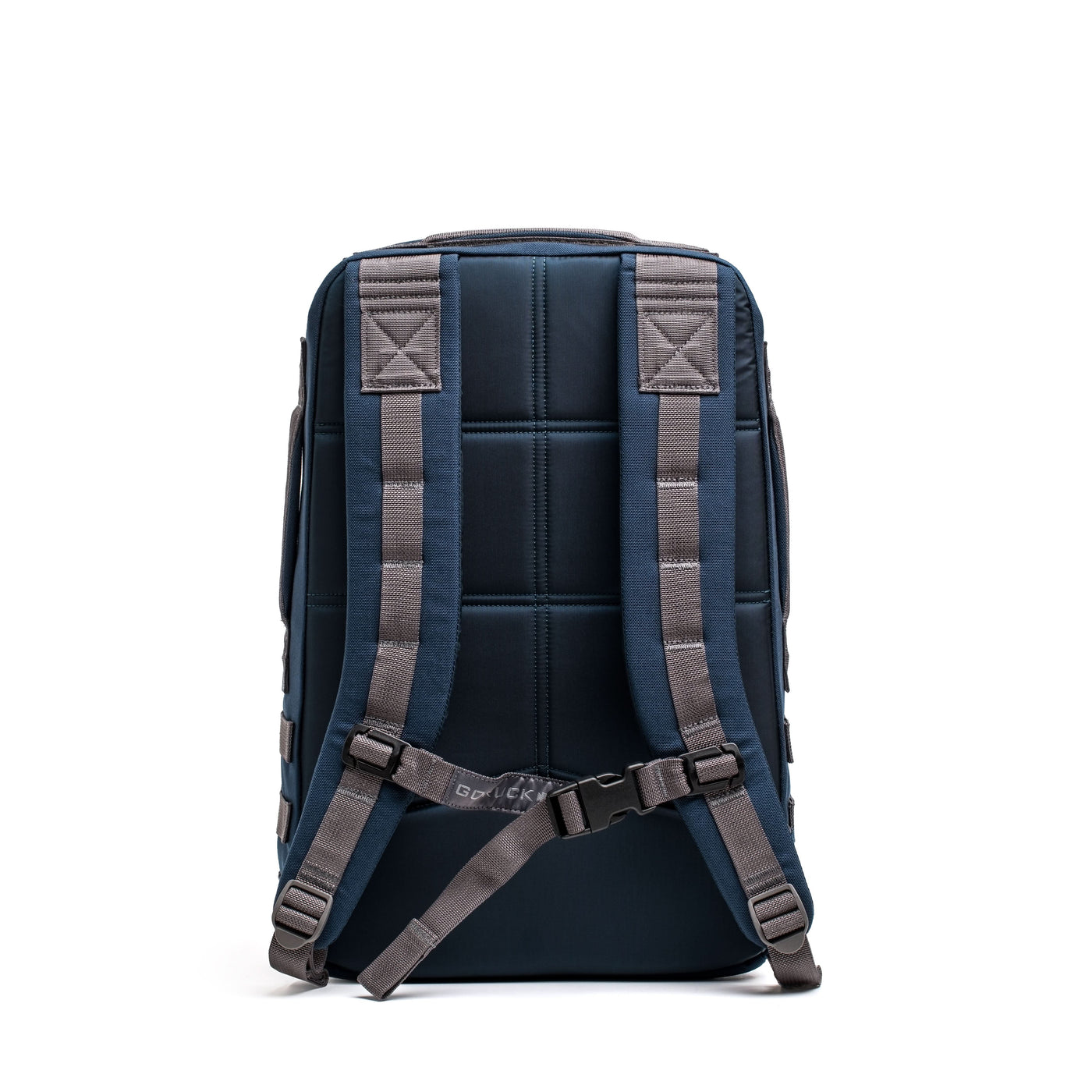 The Rucker 4.0, shown from the back in navy blue, features padded straps and a chest buckle for comfortable rucking, displayed against a white background.