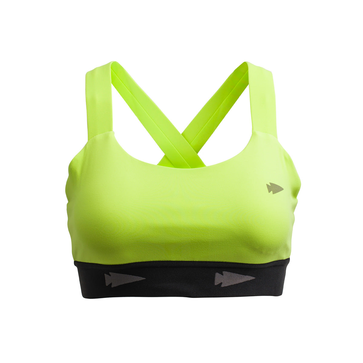 The Power Bra - Toughflex by GORUCK is a neon green sports bra made with ToughStretch Fabric, featuring a black band and a small arrow logo on the left side. Designed for high-impact movements, it includes wide, criss-cross straps at the back for enhanced support.