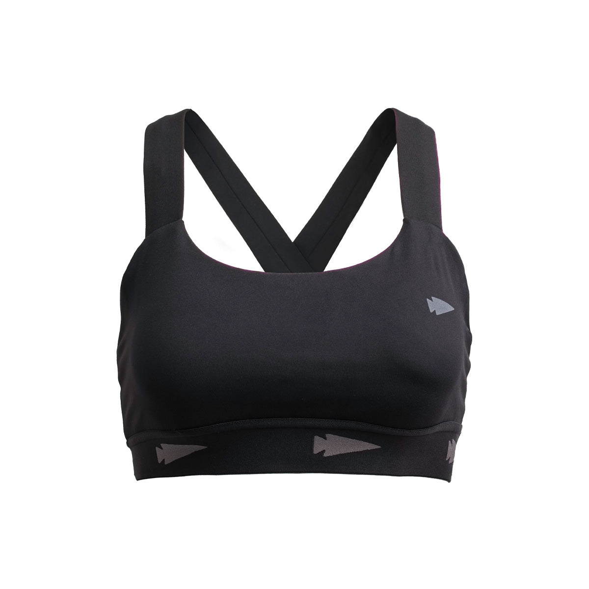 Introducing the GORUCK Power Bra - Toughflex, a sleek black sports bra designed with Toughflex Fabric. It features wide straps that crisscross at the back, offering excellent support for high-impact activities. The bottom band is stylishly decorated with a pattern of gray arrowheads, perfectly combining style and performance.