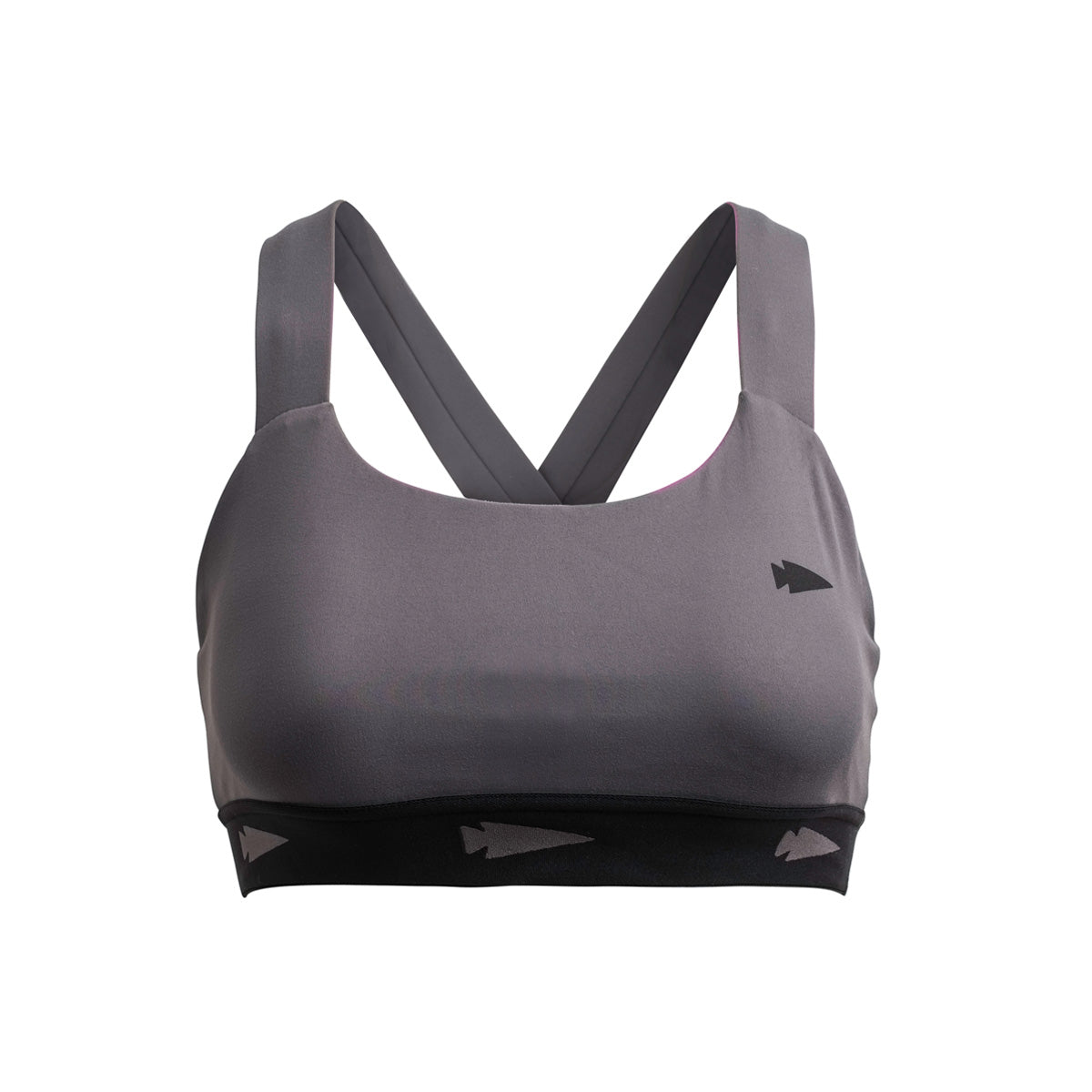 Introducing the Power Bra - Toughflex by GORUCK: a gray sports bra designed with ToughStretch Fabric, ideal for high-impact movements. It showcases criss-cross straps at the back and a black band at the bottom, accented with a small arrow motif on the left front.