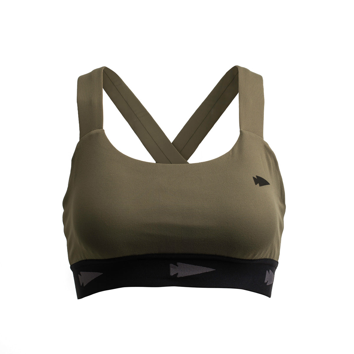 The Power Bra - Toughflex by GORUCK, in green, provides exceptional support for high-impact activities. It is made from ToughStretch Fabric and includes crisscross straps at the back with a small arrow logo on the front left side. The black bottom band features a subtle, repeating arrow pattern to enhance its style.