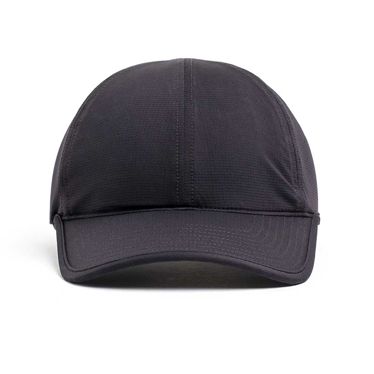 Performance Running Hat - ToughMesh, a black cap made from Italian fabric, features a plain front design on a white background.