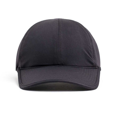 Performance Running Hat - ToughMesh, a black cap made from Italian fabric, features a plain front design on a white background.