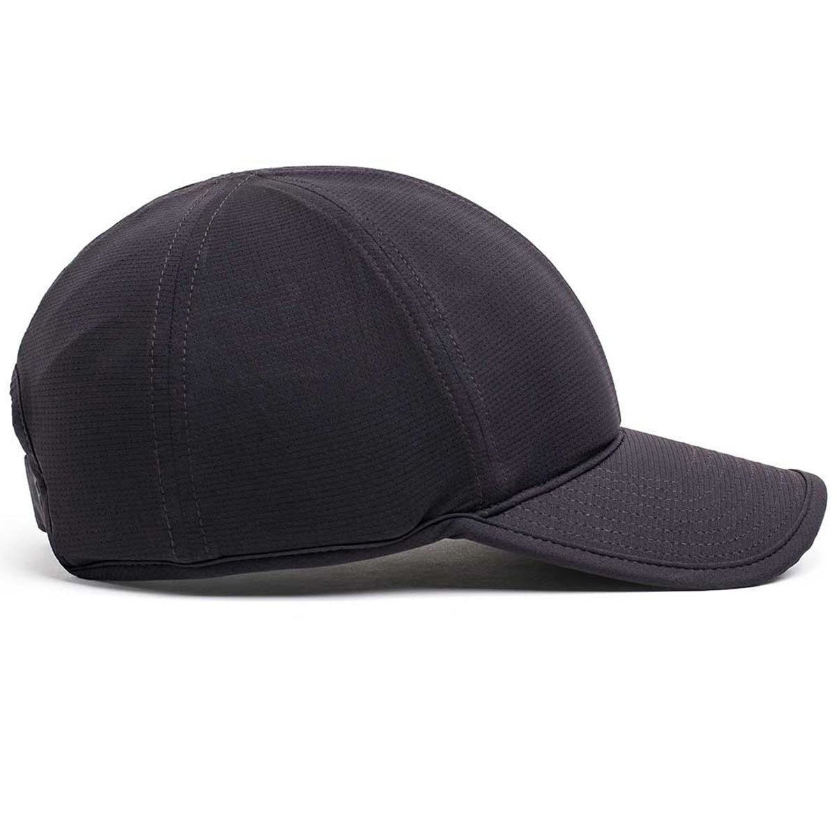 Side view of a black Performance Running Hat - ToughMesh with a curved brim and structured crown, made from premium Italian fabric, set against a white background.