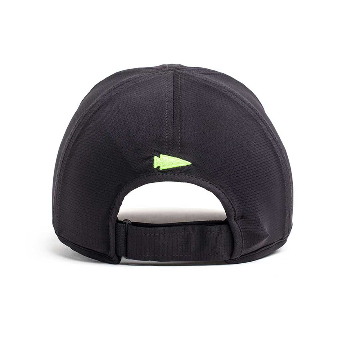 Back view of the Performance Running Hat - ToughMesh, made with Italian fabric and featuring a green arrow above the adjustable strap.