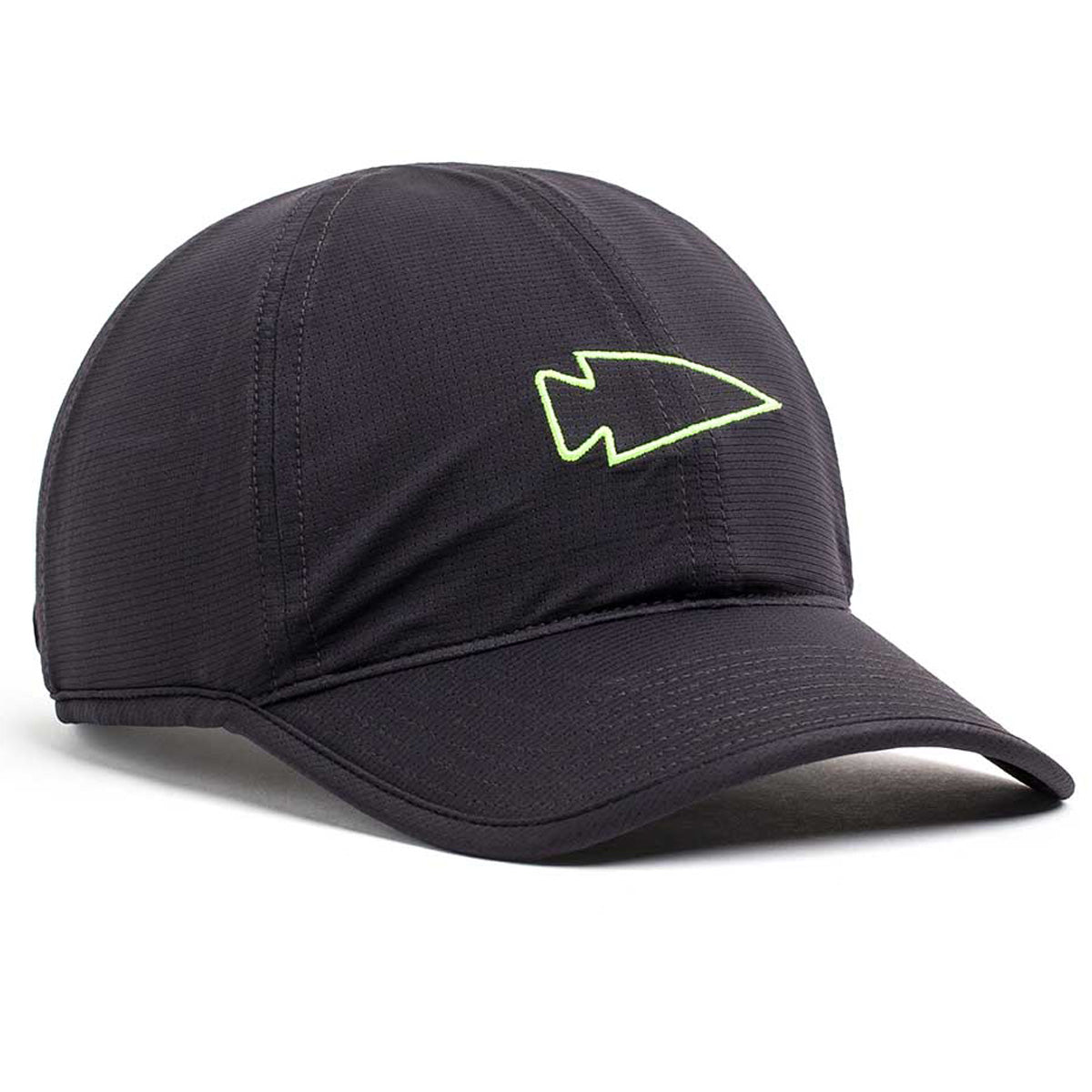 The Performance Running Hat - ToughMesh is a featherweight hat with a black design, crafted from premium Italian fabric and featuring a striking yellow arrowhead on the front.