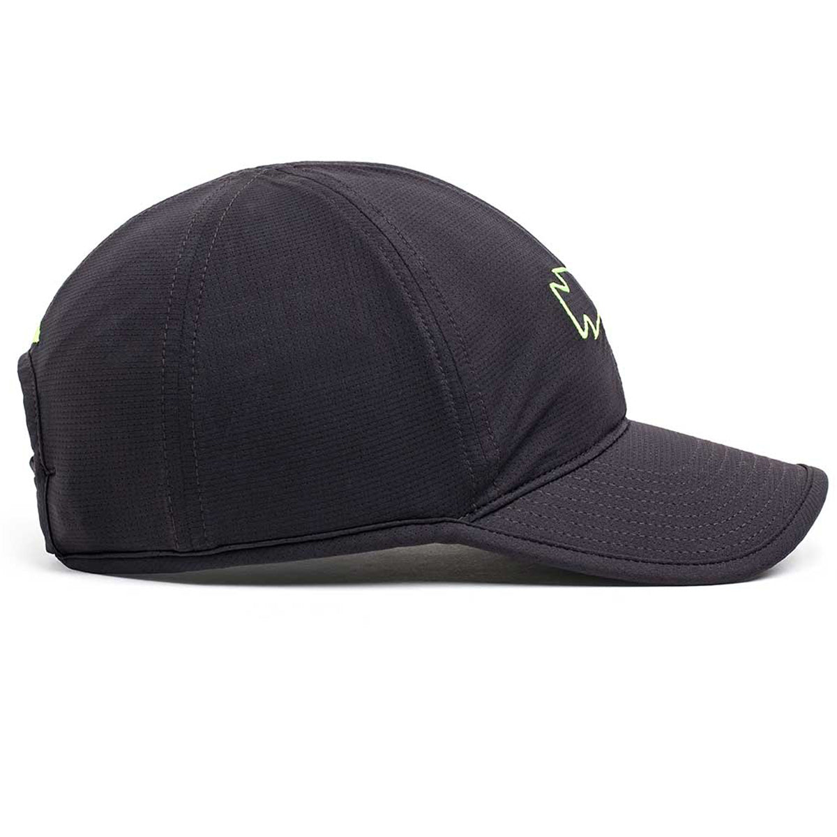 Profile view of the Performance Running Hat - ToughMesh, a featherweight black cap made from premium Italian fabric, featuring a neon green logo on the side.