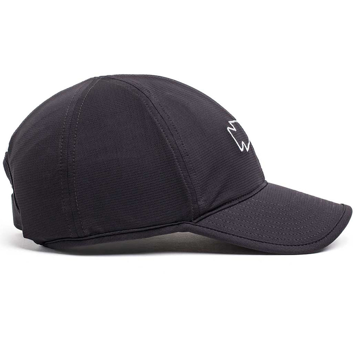 The Performance Running Hat - ToughMesh is a black baseball cap made from premium Italian fabric and showcases a white abstract logo on the side, set against a white background.