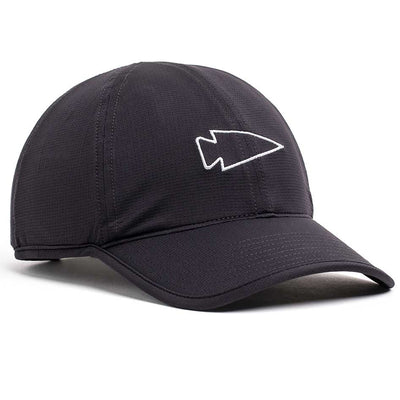 The black Performance Running Hat - ToughMesh, crafted from Italian fabric, features a simple white arrowhead logo on the front.